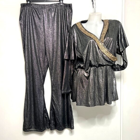 Morph 70s Disco Costume Black Gold Top and Bell Bottom Pants Set Size XL - Picture 2 of 10